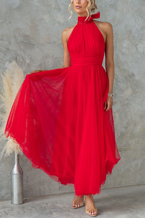 Trixiedress Bow Knot Halter Open Back Tulle Maxi Dress