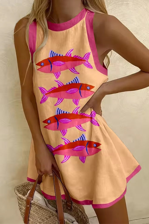 Trixiedress Sleeveless Cartoon Fish Print Color Block Mini Dress