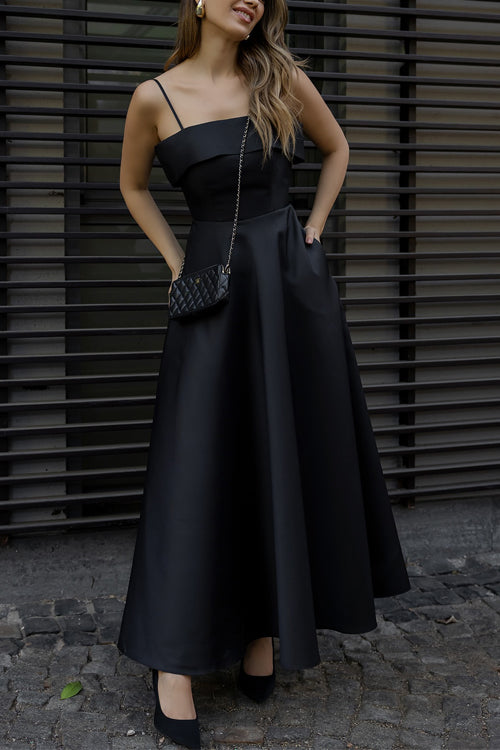 Trixiedress Spaghetti Strap Waisted A-line Satin Maxi Dress