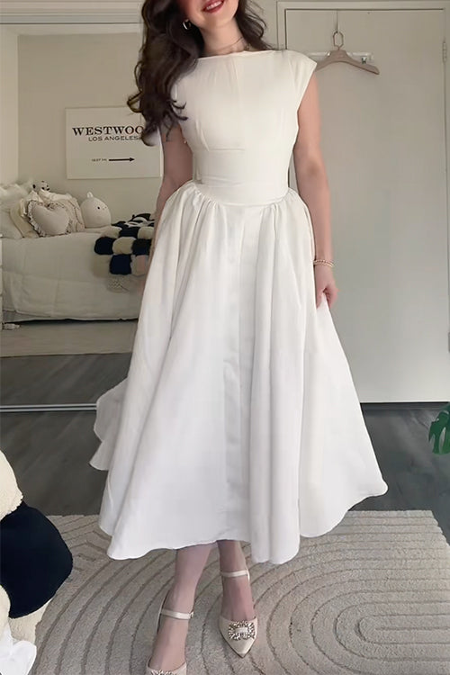 Trixiedress Cap Sleeves Open Back Waisted Swing Midi Dress