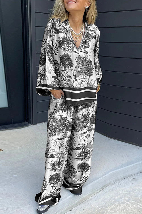 Trixiedress Lapel V Neck Long Sleeves Shirt Wide Leg Pants Printed Casual Set