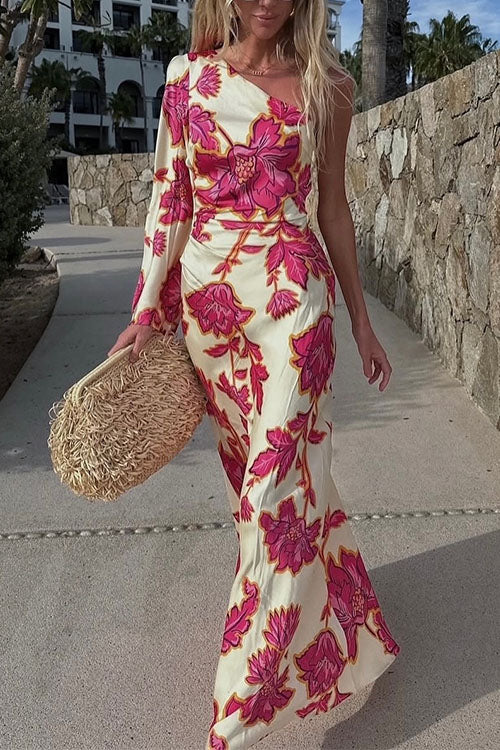 Trixiedress One Shoulder Long Sleeve Floral Print Maxi Dress