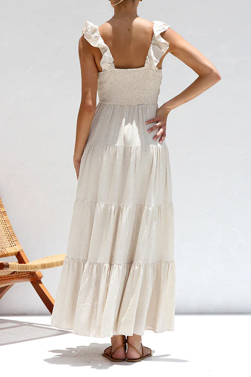 Trixiedress V Neck Ruffle Trim Tiered Sleeveless Linen Maxi Dress