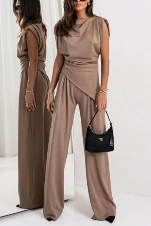 Trixiedress Ruched Asymmetrical Top and Wide Leg Pants Set