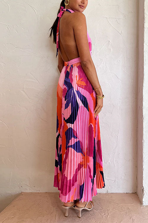 Trixiedress Halter Backless Cut Out Printed Maxi Pleated Dress