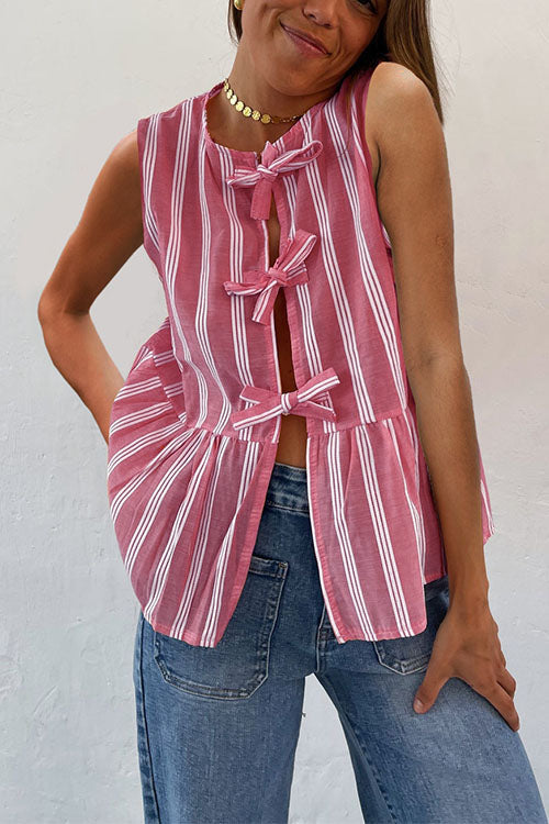 Trixiedress Crewneck Sleeveless Striped Ruffle Bow Top