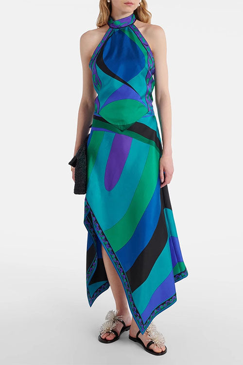 Trixiedress Printed Halter Tie Knot Backless Top and Irregular Hem Maxi Skirt Set