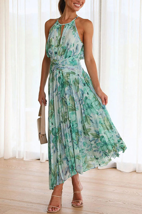 Trixiedress V Neck Waisted Cut Out Floral Pleated Maxi Dress