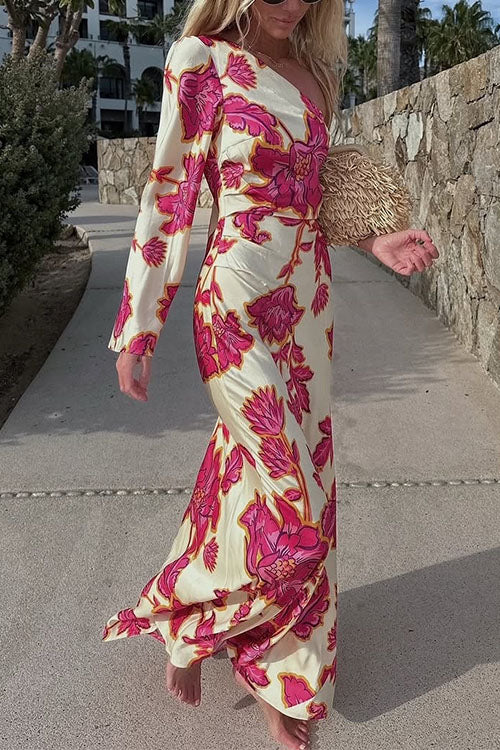 Trixiedress One Shoulder Long Sleeve Floral Print Maxi Dress