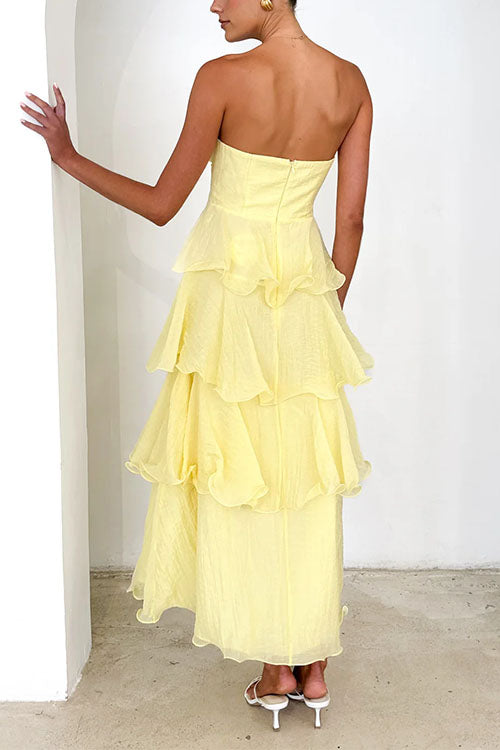 Trixiedress Strapless Empire Waist Ruffle Layered Maxi Dress