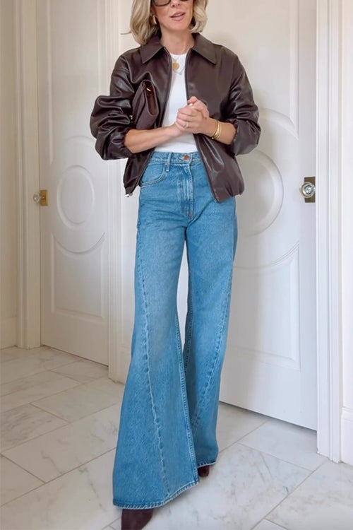 Trixiedress Lapel Zip Up Faux Leather Bomber Jacket