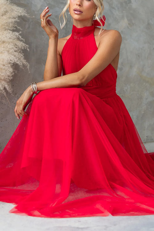 Trixiedress Bow Knot Halter Open Back Tulle Maxi Dress