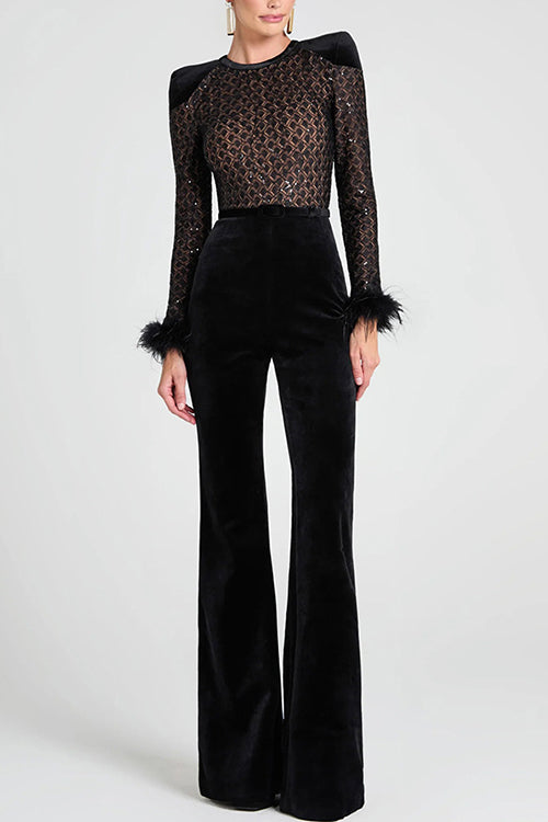 Trixiedress Feather Cuffs Bell Bottom Velvet Splice Jumpsuit