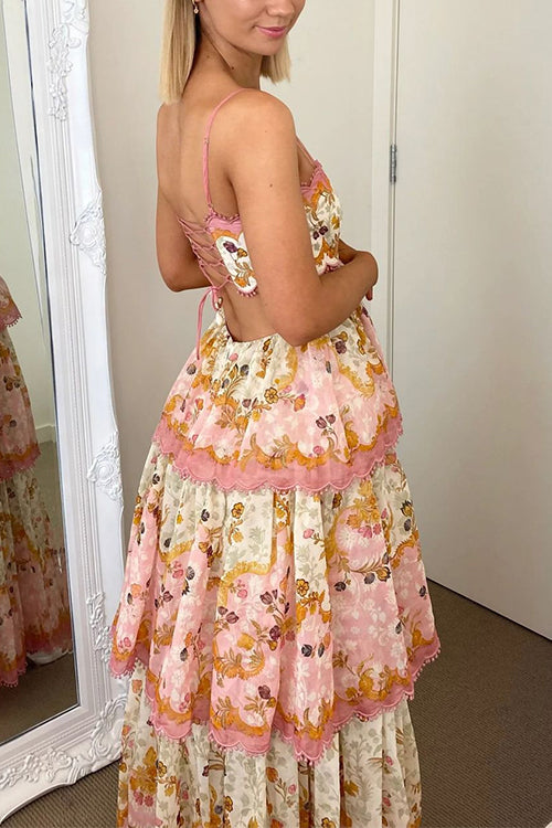 Trixiedress Spaghetti Strap Back Lace-up Ruffle Layered Floral Print Maxi Dress