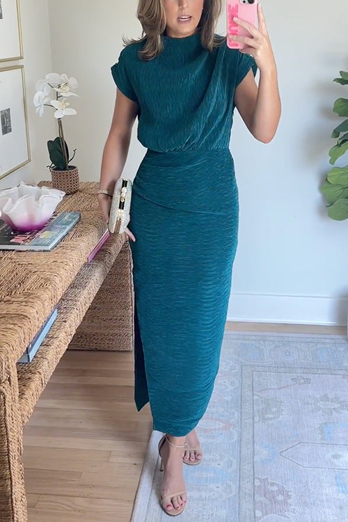 Mockneck Short Sleeves Waisted Side Slit Midi Dress