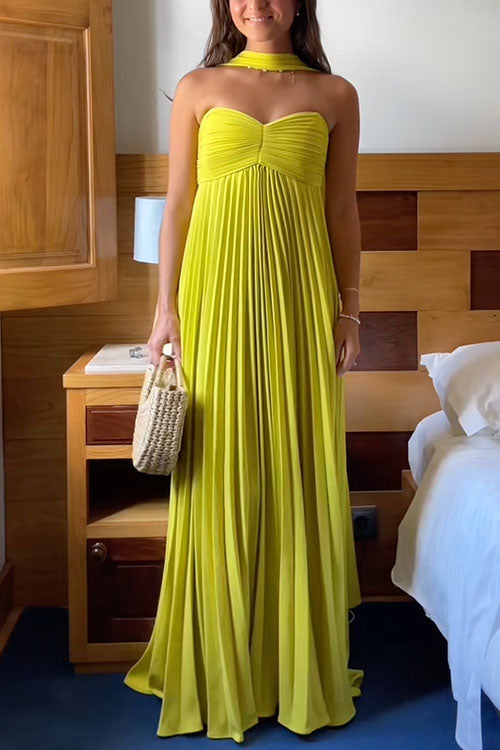 Trixiedress Strapless Back Lace-up Pleated Maxi Dress