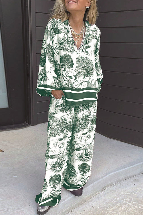 Trixiedress Lapel V Neck Long Sleeves Shirt Wide Leg Pants Printed Casual Set