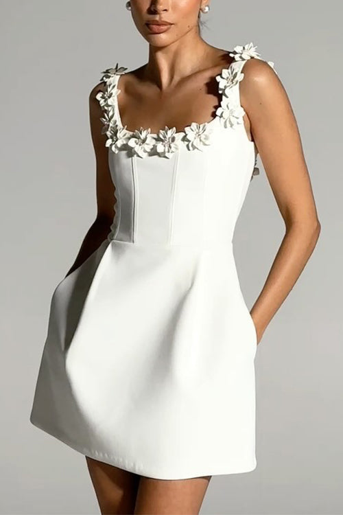 Trixiedress Strappy Floral Neckline Sleeveless Mini Dress