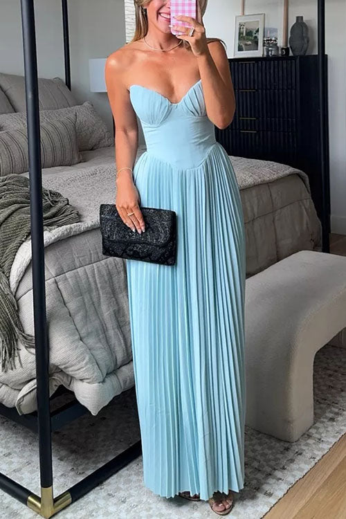 Trixiedress Strapless V Neck Corset Pleated Maxi Dress
