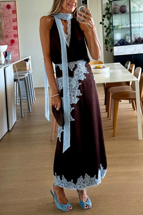 High Rise Lace Trim Satin Maxi Skirt