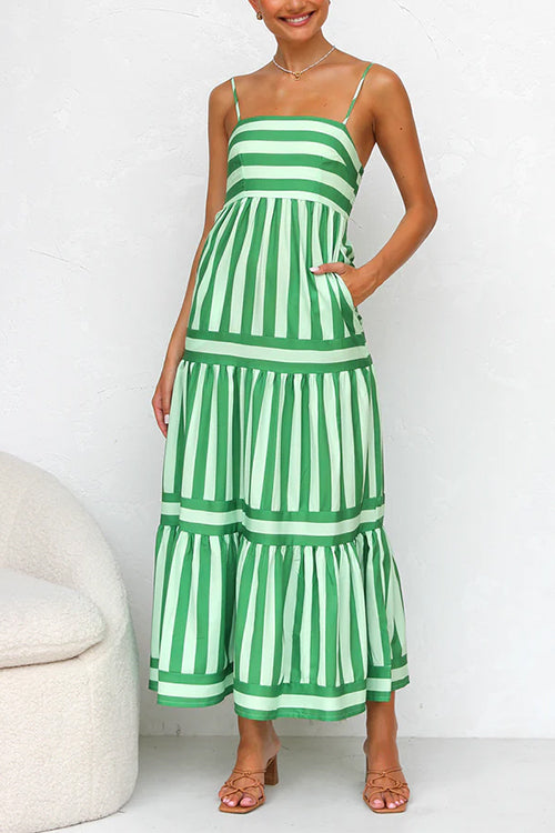 Trixiedress Spaghetti Strap Ruffle Tiered Color Block Striped Maxi Dress