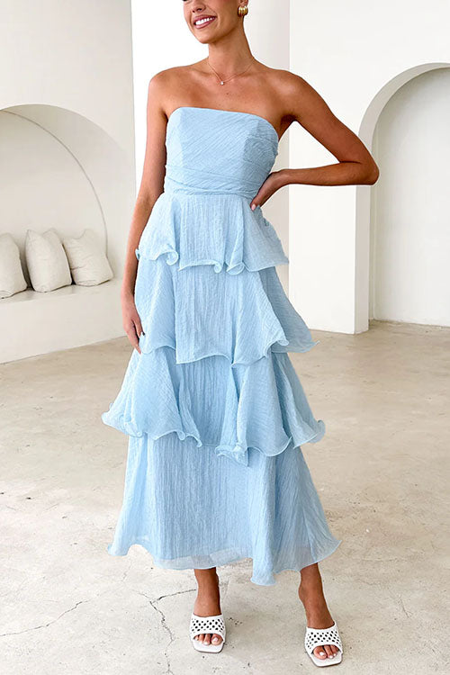 Trixiedress Strapless Empire Waist Ruffle Layered Maxi Dress