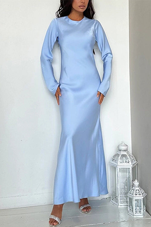 Trixiedress Round Neck Long Sleeves Satin Maxi Party Dress
