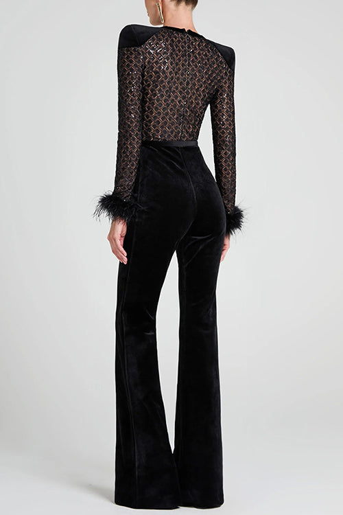 Trixiedress Feather Cuffs Bell Bottom Velvet Splice Jumpsuit