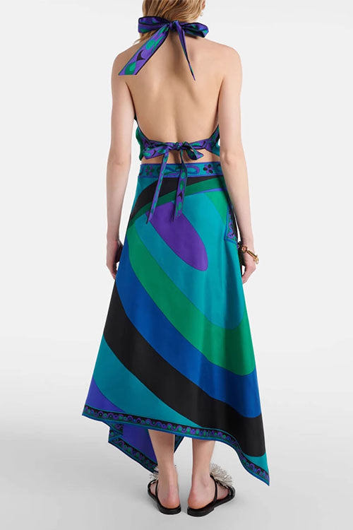Trixiedress Printed Halter Tie Knot Backless Top and Irregular Hem Maxi Skirt Set