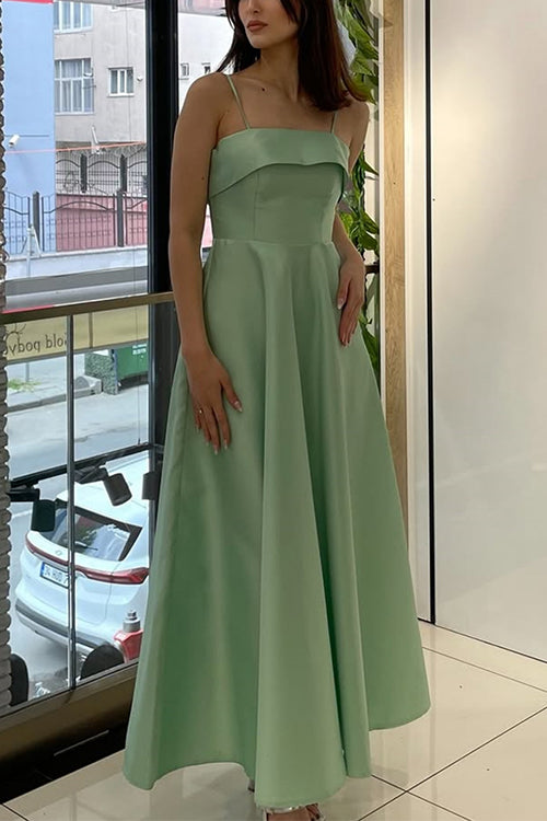 Trixiedress Spaghetti Strap Waisted A-line Satin Maxi Dress