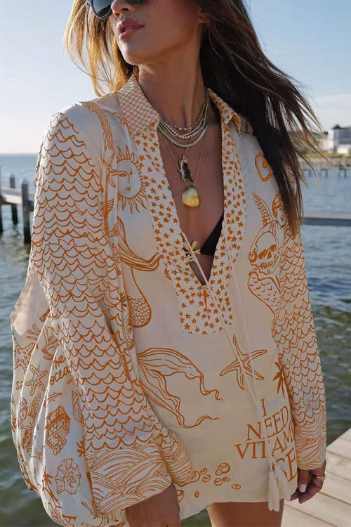 Trixiedress Collared V Neck Shirt and Side Slit Shorts Vitamin Sea Print Set