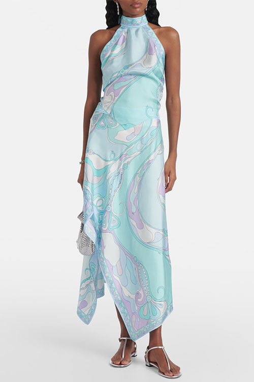 Trixiedress Printed Halter Tie Knot Backless Top and Irregular Hem Maxi Skirt Set