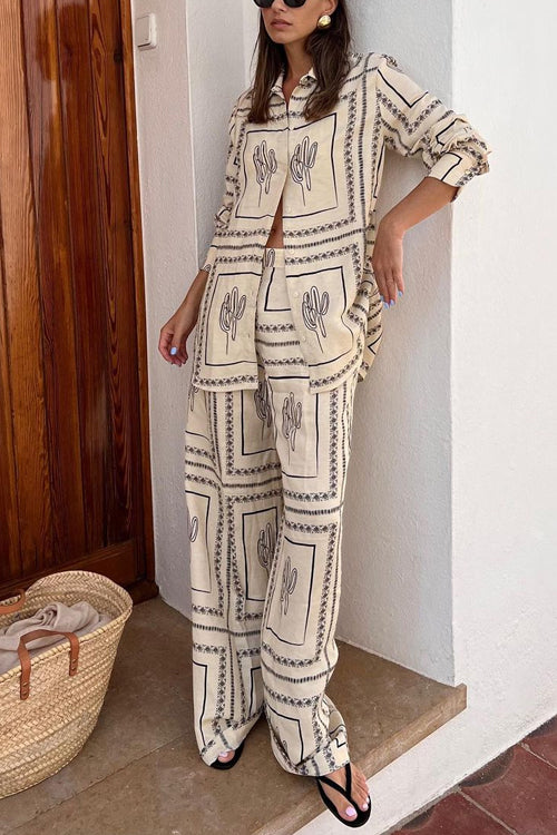 Trixiedress Cactus Print Lapel Long Sleeves Shirt Elastic Waist Wide Leg Pants Set