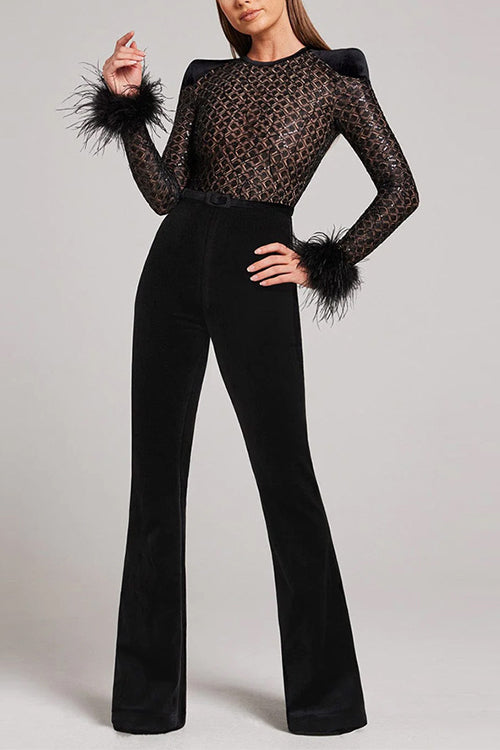 Trixiedress Feather Cuffs Bell Bottom Velvet Splice Jumpsuit