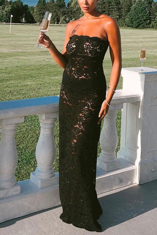 Trixiedress Strapless Lace Hollow Out Bodycon Maxi Dress