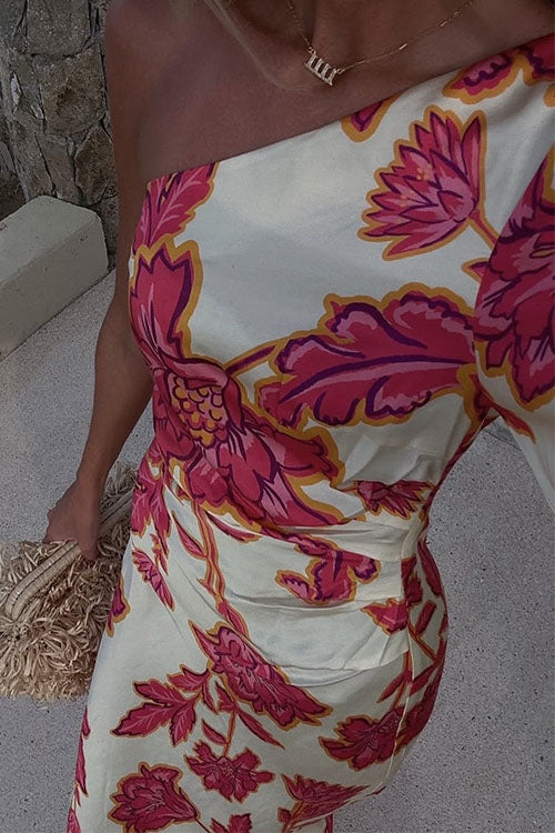 Trixiedress One Shoulder Long Sleeve Floral Print Maxi Dress