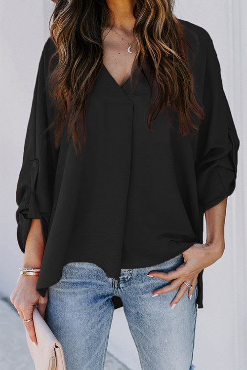 Trixiedress V Neck Roll Up Long Sleeves Blouse Shirt