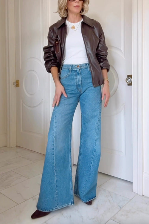 Trixiedress Lapel Zip Up Faux Leather Bomber Jacket