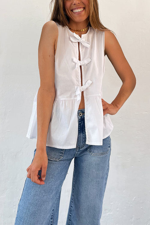 Trixiedress Crewneck Sleeveless Striped Ruffle Bow Top