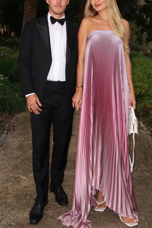 Trixiedress Strapless Tube Gradient Ombre Satin Maxi Party Dress