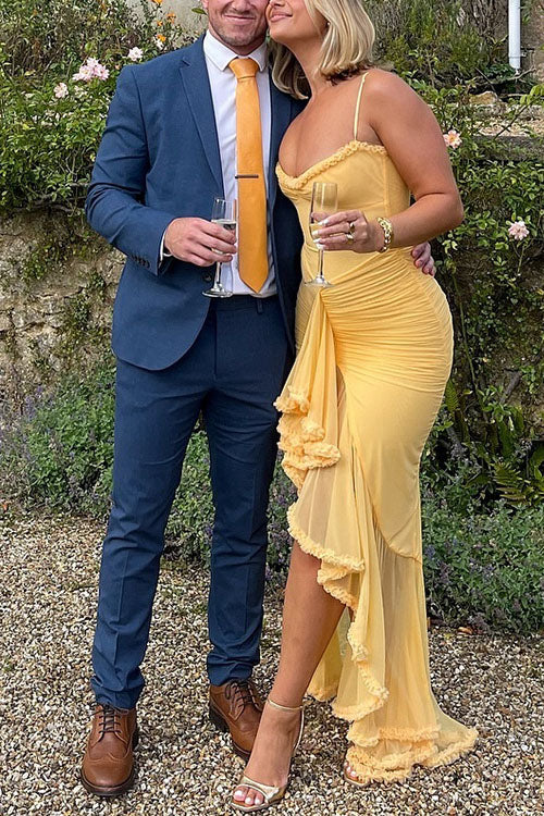 Trixiedress Spaghetti Strap Mesh Splice Draped Ruffle Maxi Dress