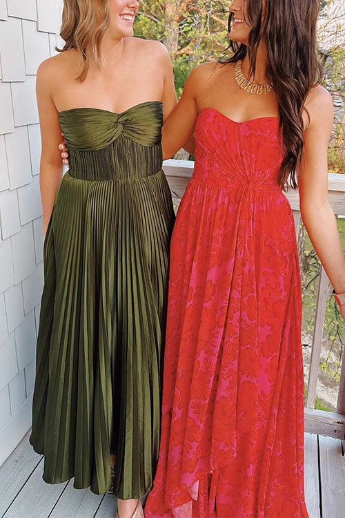 Strapless Twist Front Pleated Swing Maxi Dress