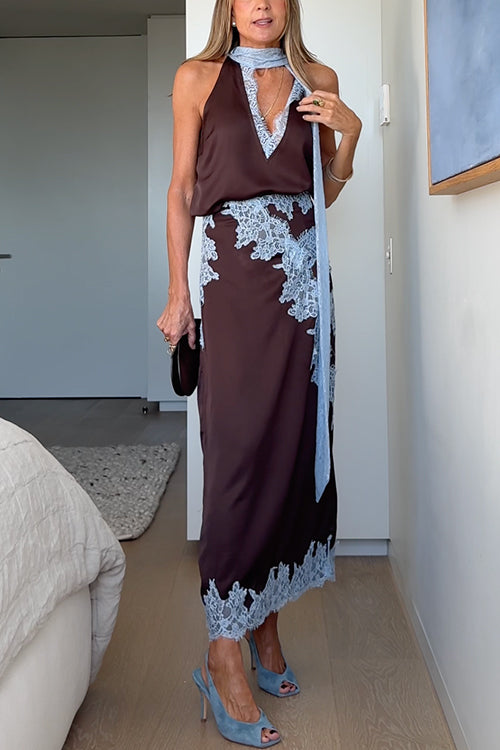 High Rise Lace Trim Satin Maxi Skirt