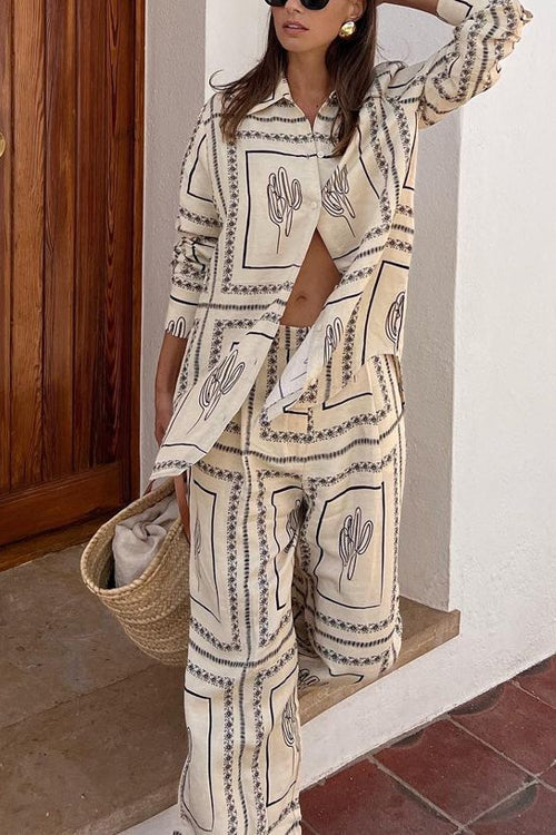 Trixiedress Cactus Print Lapel Long Sleeves Shirt Elastic Waist Wide Leg Pants Set