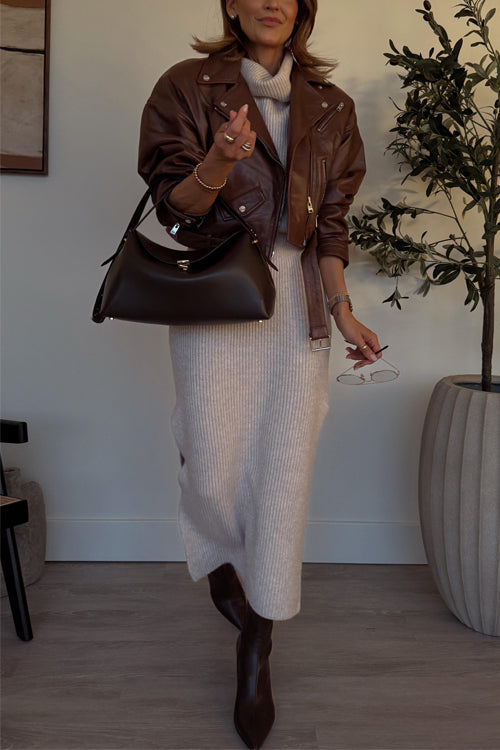 Trixiedress Vintage Lapel Zip Up Faux Leather Moto Jacket