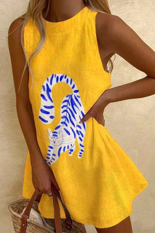 Trixiedress Round Neck Sleeveless Cartoon Print Mini Dress