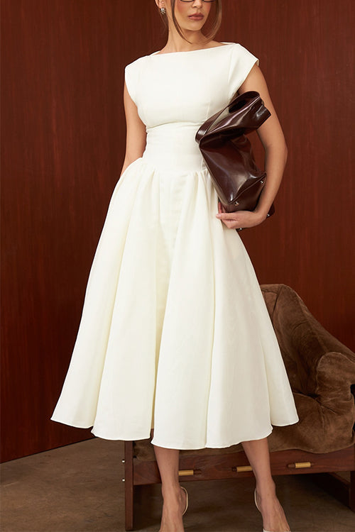 Trixiedress Cap Sleeves Open Back Waisted Swing Midi Dress