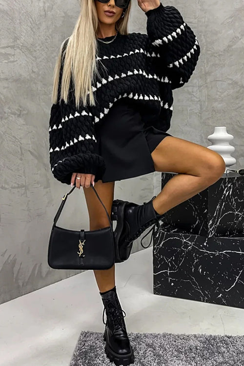 Trixiedress Lantern Sleeves Color Block Chunky Knit Sweater