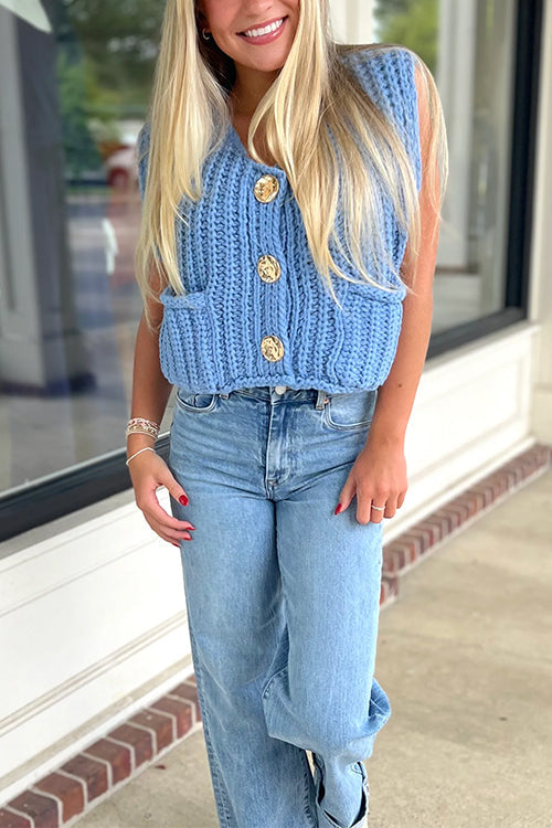 Trixiedress Gold Buttons Pocketed Chunky Sweater Vest