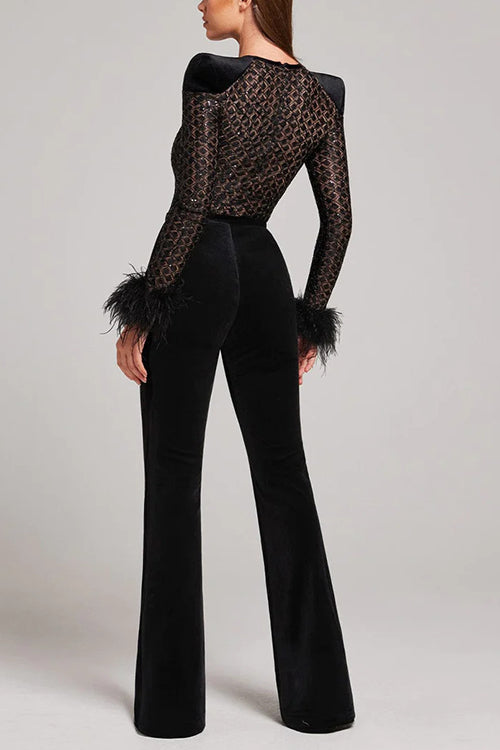 Trixiedress Feather Cuffs Bell Bottom Velvet Splice Jumpsuit